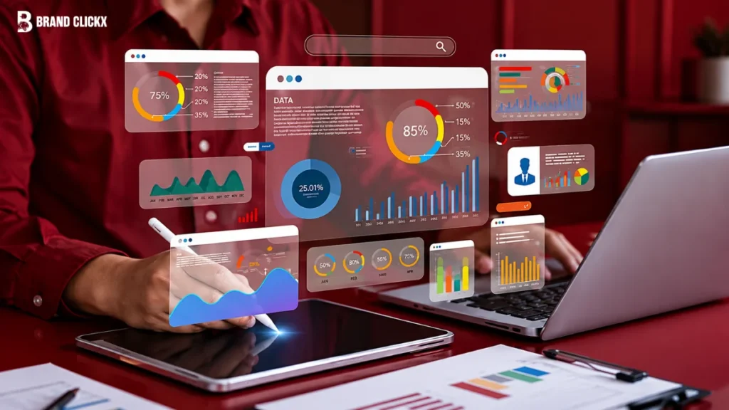 feature weee Professional analyzing data metrics governed by Marketing Operations functions on tablet and laptop
