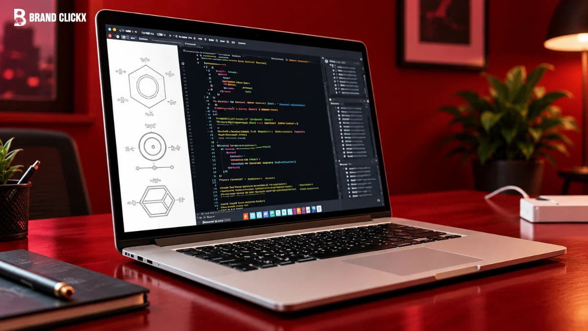 A modern laptop displaying code lines on a screen, highlighting the best AI coding tools for developers by BrandClickX.