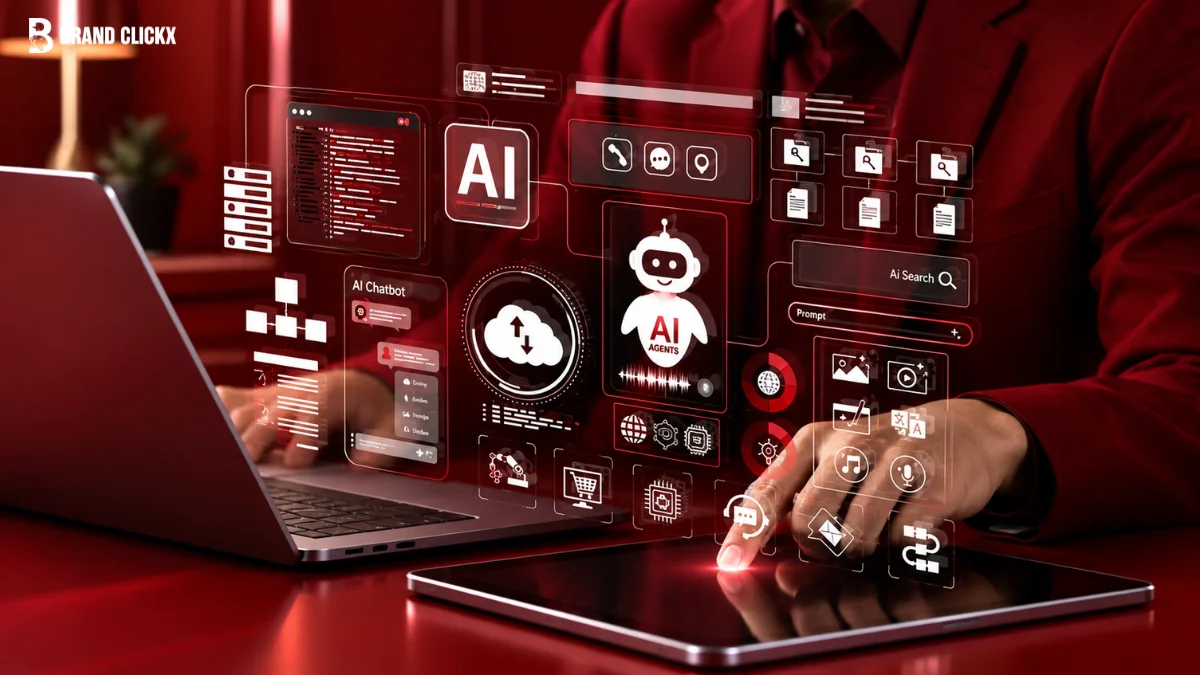 Hands typing on laptop and tablet displaying red futuristic Agency AI Tooling Stack interface