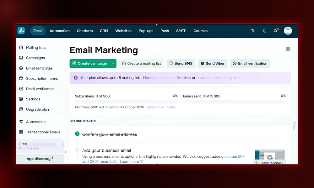 Dashboard view of SendPulse email marketing software