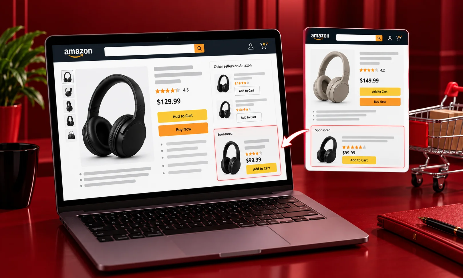 Laptop and smartphone display an Amazon headphone product