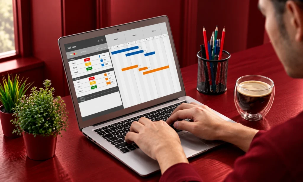 Project management tools displaying a campaign timeline and task progress on a laptop at a marketing workspace.