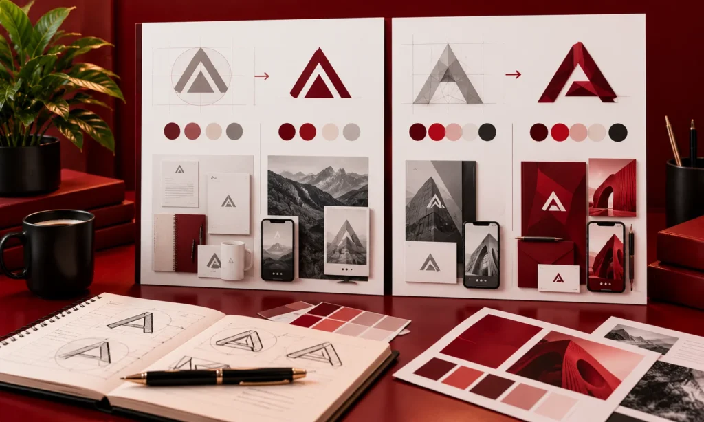 Two side-by-side brand boards in deep red showing a triangular &ldquo;A&rdquo; logo, colour palette, stationery and mobile mockups before and after a refresh and a rebrand.