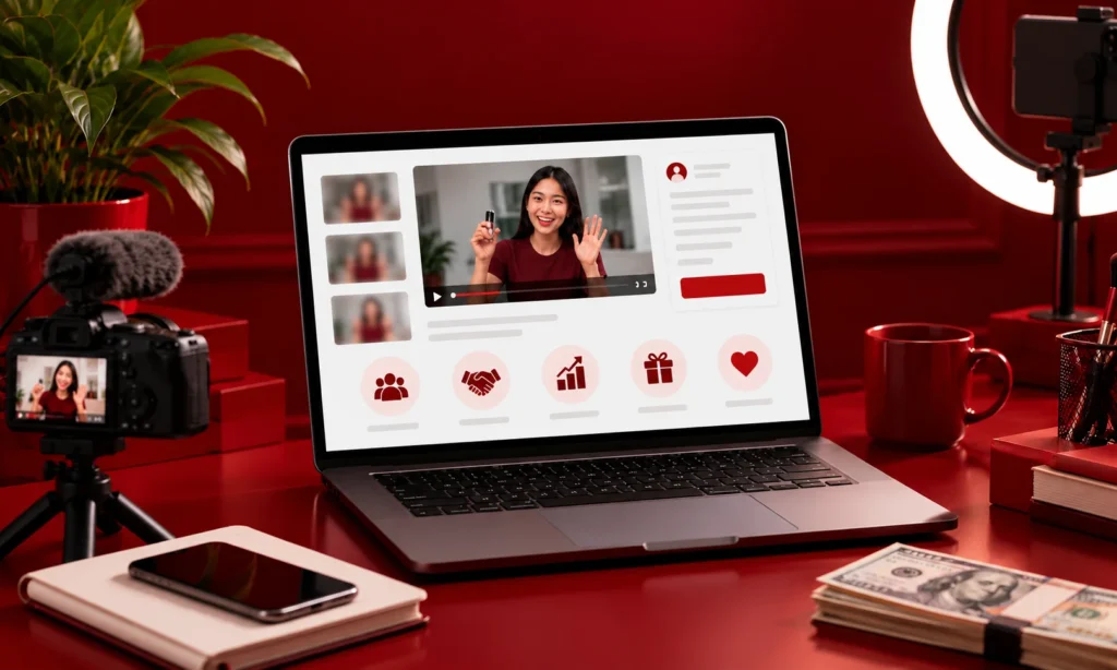 laptop displays a cheerful woman: Creator Affiliate