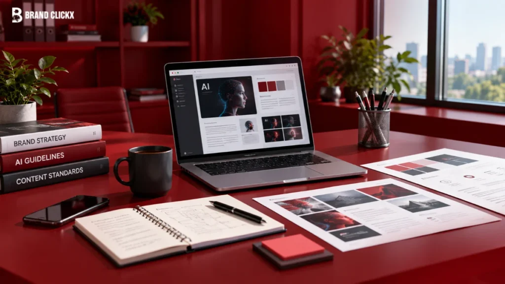 Marketing workspace showing generative AI content on a laptop alongside brand strategy, AI guidelines, and content standards documents.