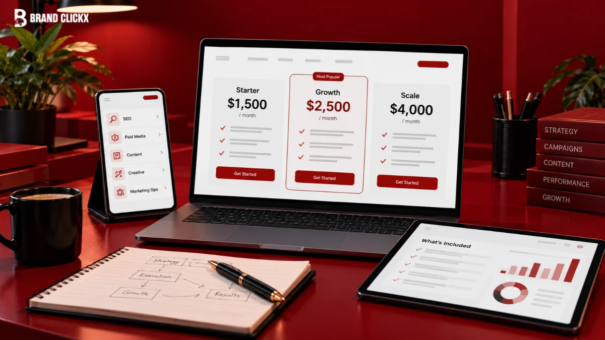 Agency subscription pricing displayed across three monthly plans with marketing services and defined deliverables.
