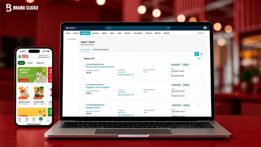 Supplier funded marketing displayed through a retailer's promotional campaigns on a laptop and mobile shopping app.