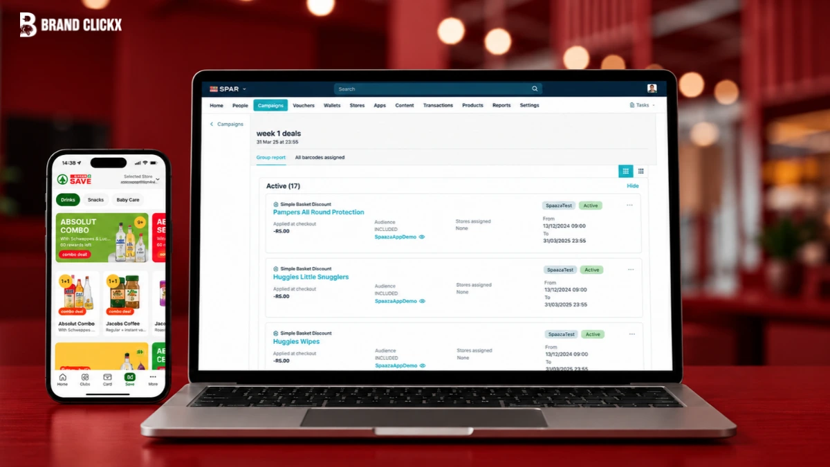 Supplier funded marketing displayed through a retailer's promotional campaigns on a laptop and mobile shopping app.
