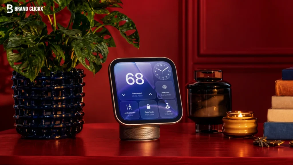 Apple HomeView smart display with a touchscreen thermostat, clock, lighting controls, and smart home features.