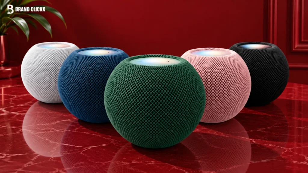 Apple HomePod mini 2 smart speakers in white, blue, green, pink, and black displayed on a red marble surface.