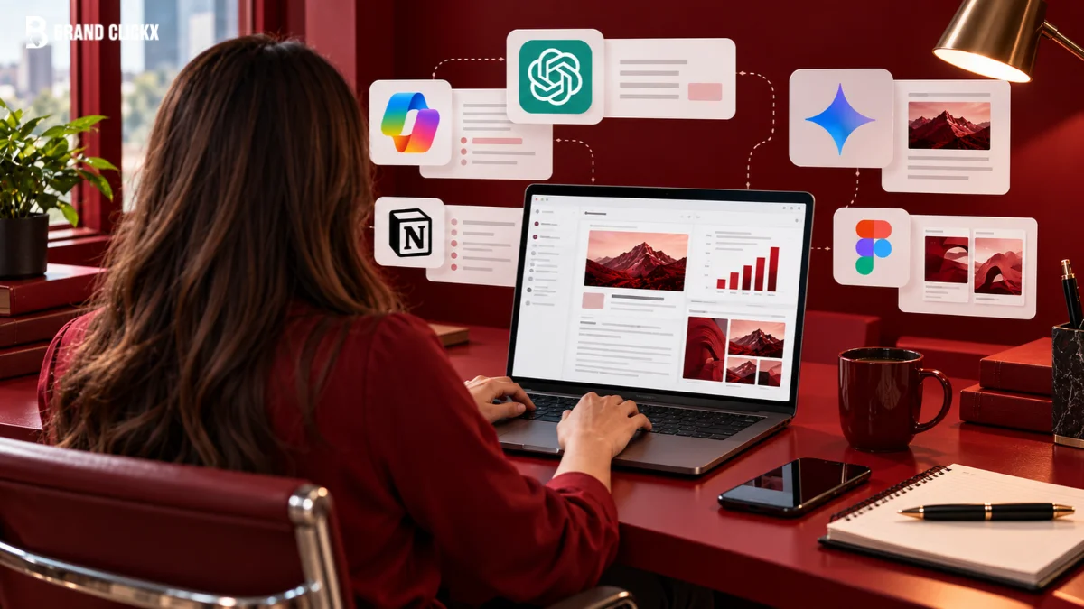 A marketer works on a laptop at a red desk while icons for Microsoft Copilot, ChatGPT, Gemini, Notion and Figma float above it, linked to cards showing documents, charts and images.