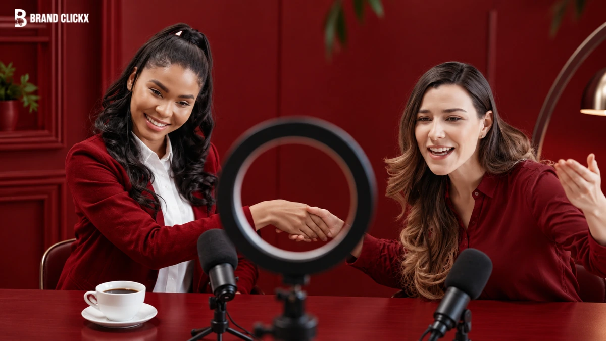 Two creators shaking hands during a recorded conversation about long-term creator partnerships in a studio.