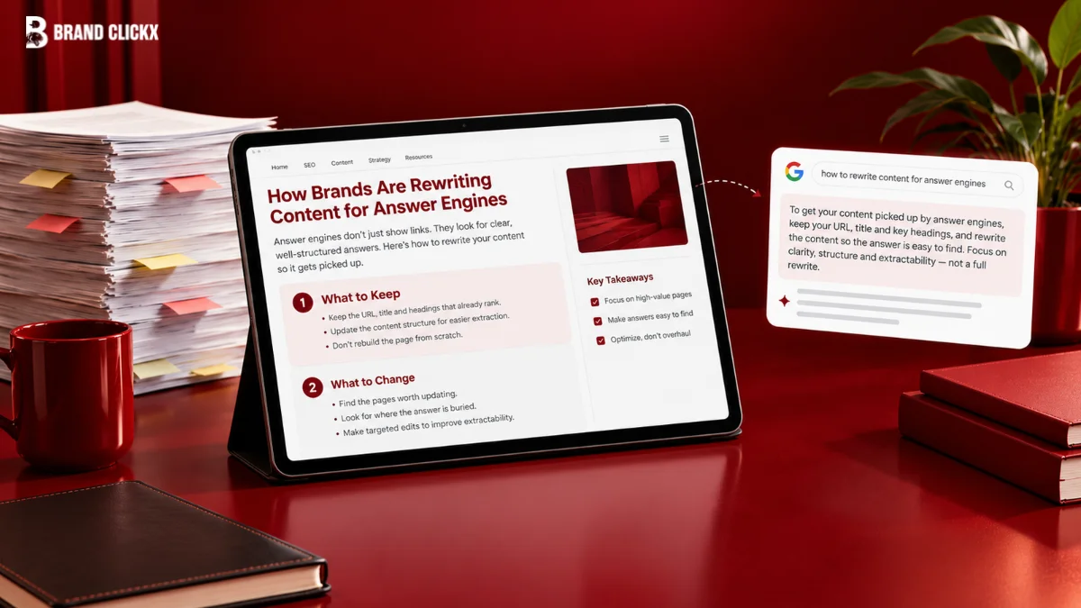 | How Brands Are Rewriting Content for Answer Engines Content rewriting for AEO shown on a tablet beside a stack of tabbed documents, with “What to Keep” and “What to Change” steps and a Google-style answer box for the query “how to rewrite content for answer engines.”