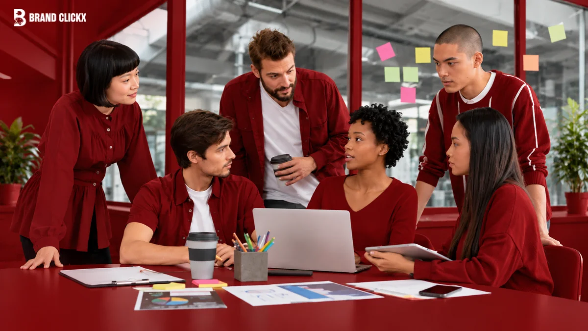 | Setting Marketing OKRs Teams Actually Hit Marketing team collaborating on goals and reviewing campaign plans around a table