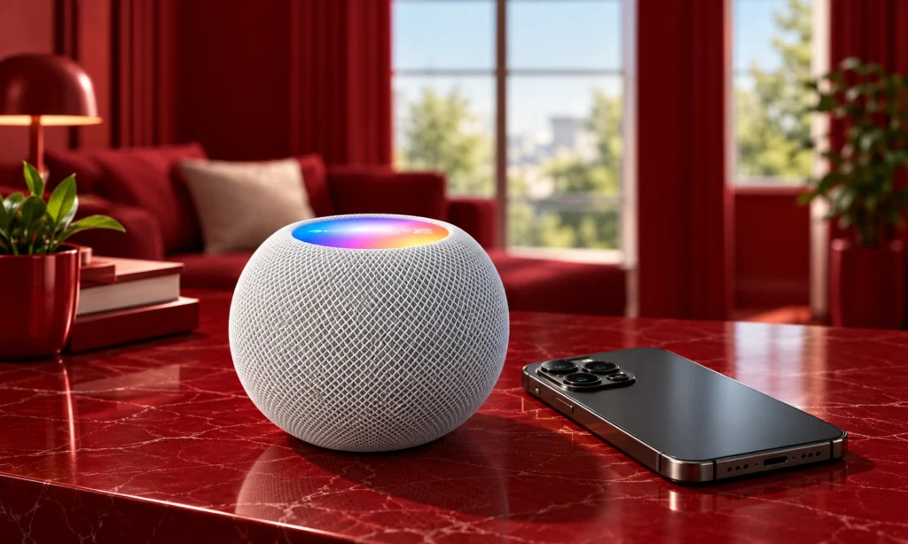 White Apple HomePod mini 2 beside an iPhone, illustrating smart home control and connectivity within Apple's ecosystem.