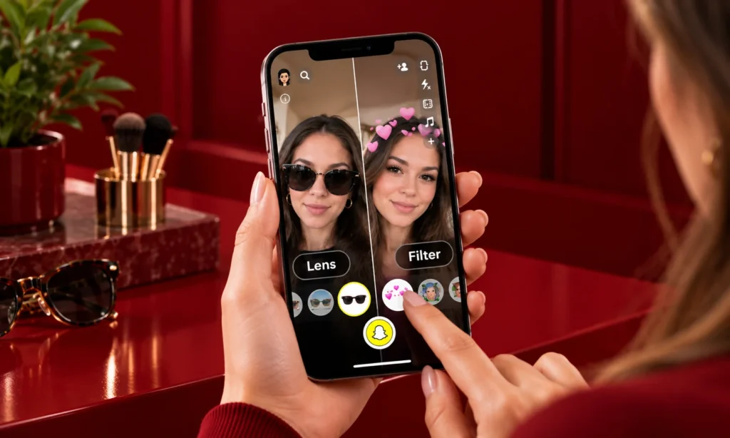 | Snapchat AR Advertising: Real Use Cases Smartphone displaying Snapchat Lenses and filters as a woman compares a sunglasses effect with a facial filter.