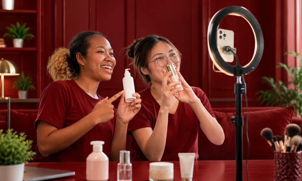 Two creators demonstrating skincare products for social media as part of a long-term brand collaboration.