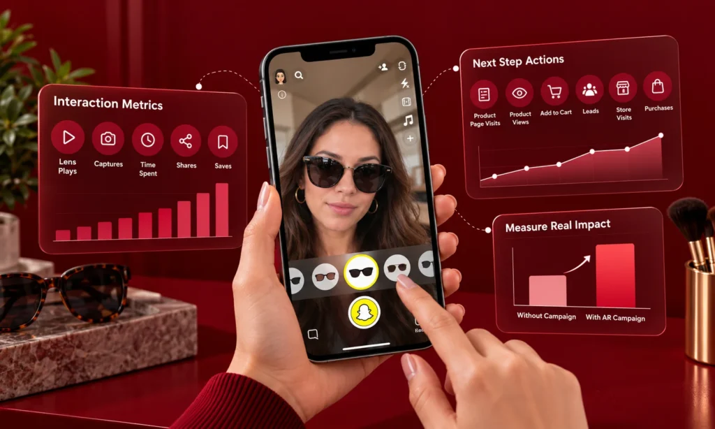 | Snapchat AR Advertising: Real Use Cases Snapchat AR advertising analytics showing Lens plays, captures, shares, product page visits, add-to-cart actions and campaign impact comparisons.