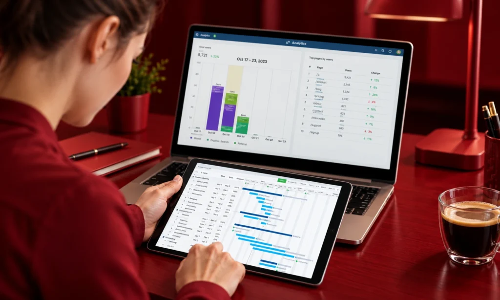 Project management tools displayed alongside an analytics dashboard on a laptop and tablet for campaign planning and performance tracking.