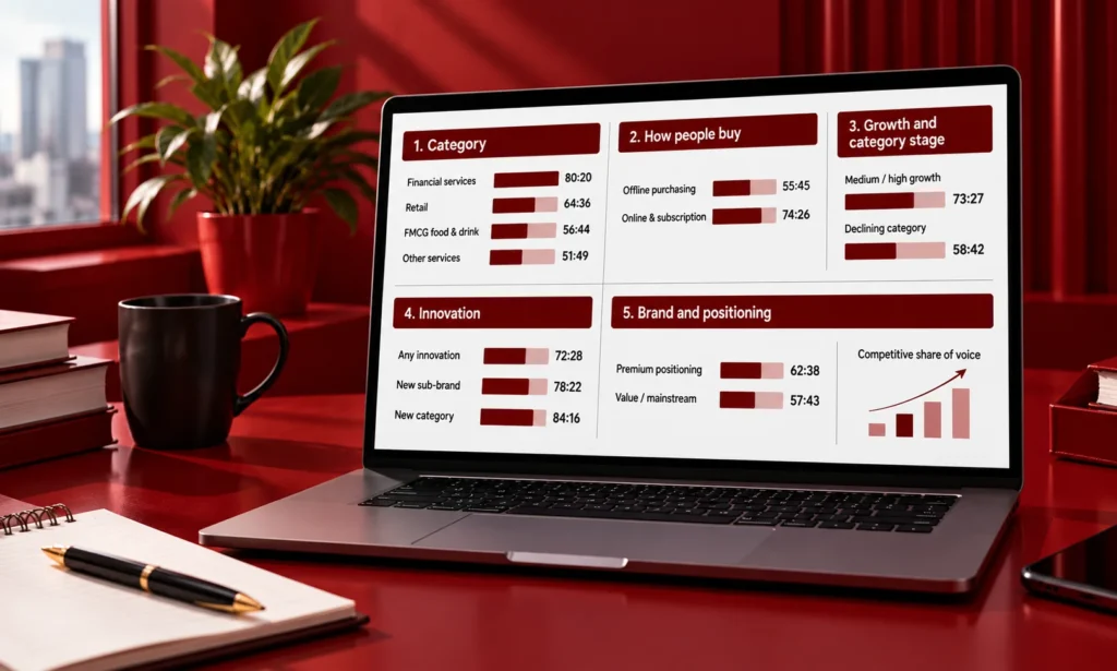 Marketing dashboard showing category, buying behaviour, growth stage, innovation and brand positioning as factors influencing the 60/40 brand-building and activation budget split.