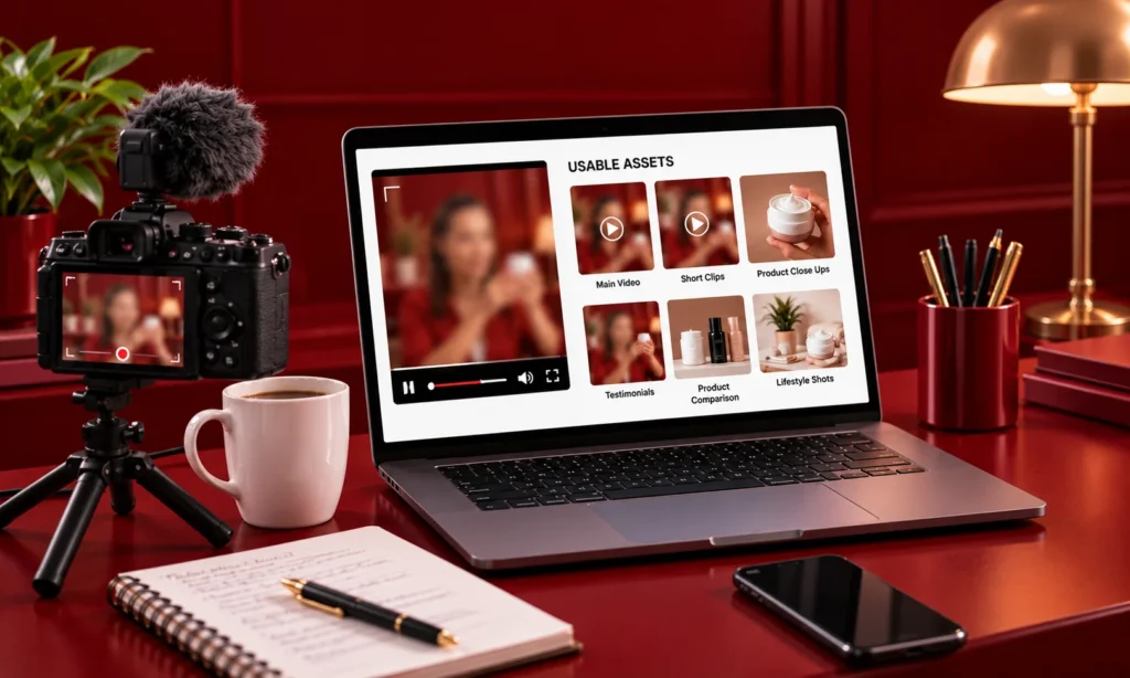 Creator content production setup showing video recording equipment and reusable brand assets on a laptop.