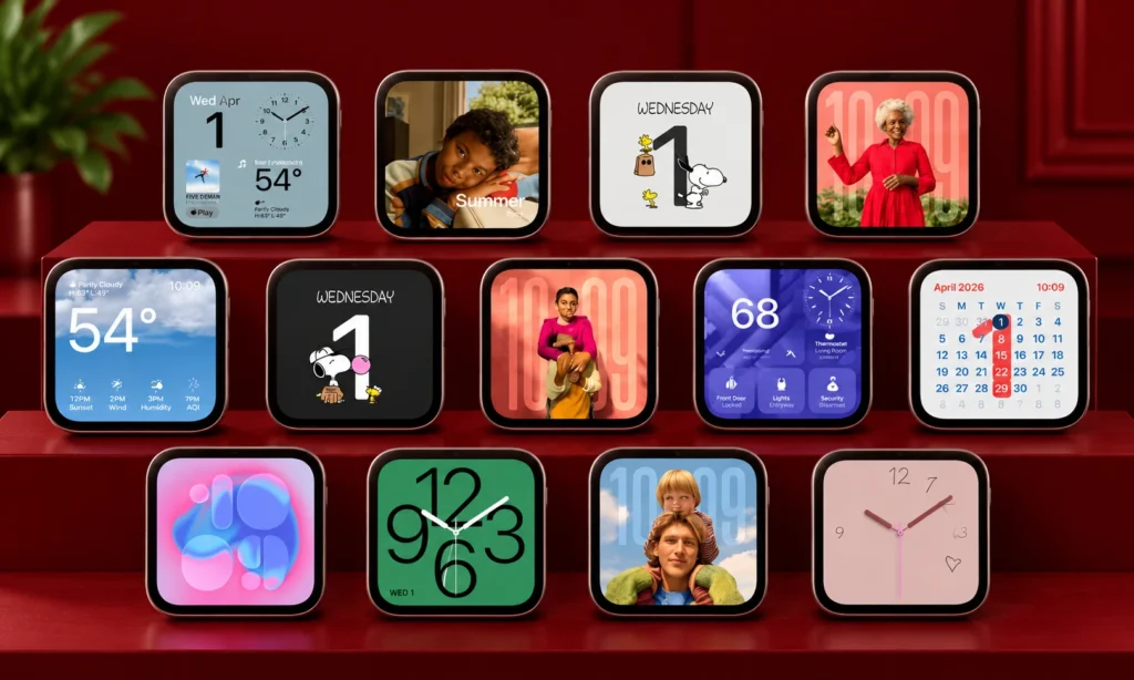 Apple HomeView smart display showing personalized family profiles, weather information, calendar widgets, and individual screen designs.