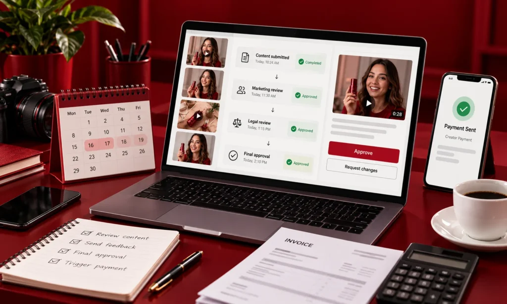 A laptop showing a creator content approval flow with marketing, legal and final review steps, next to a calendar, invoice and phone with a payment sent notice, illustrating approvals and payment in an always on creator programme.
