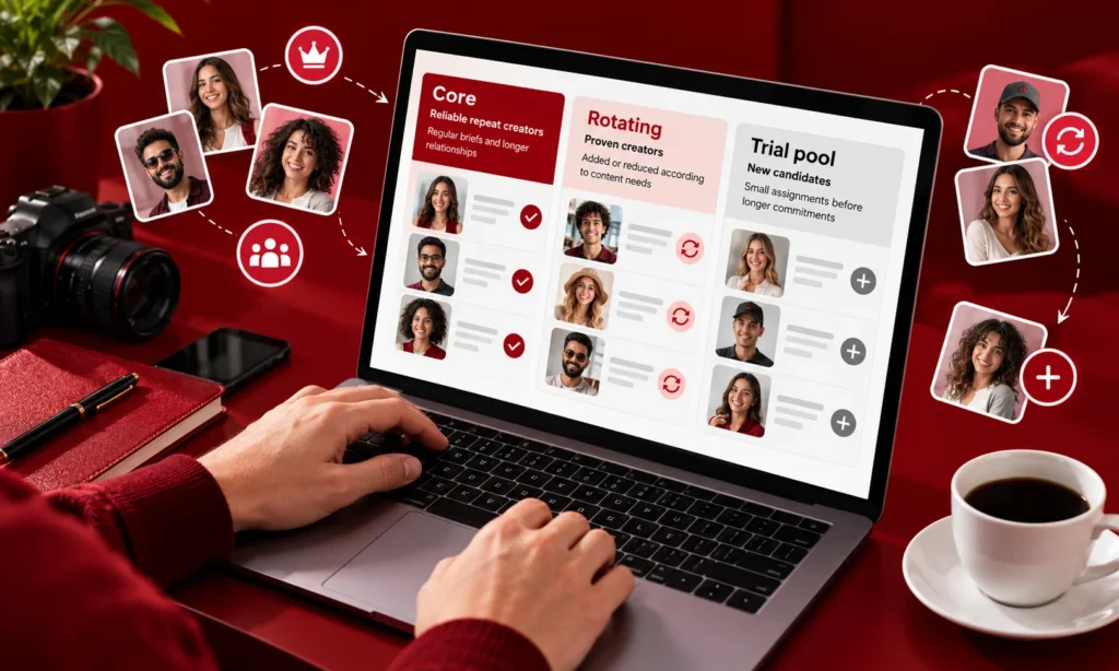 A person using a laptop that shows a creator roster split into Core, Rotating and Trial pool columns, representing who is on an always on creator programme.