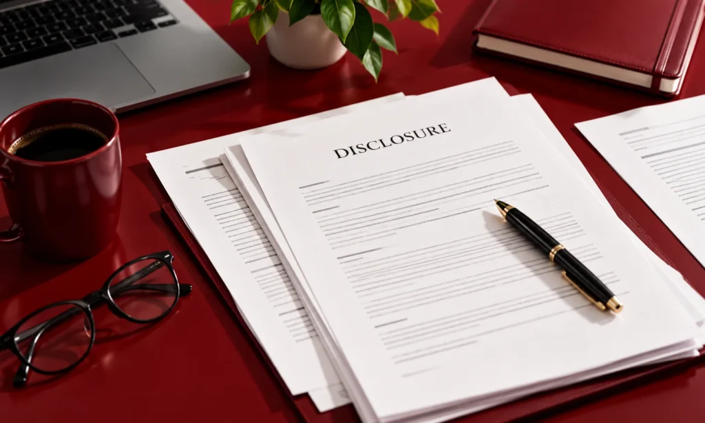 Document labeled &ldquo;Disclosure&rdquo; on a desk with a pen, glasses, coffee, and laptop, representing generative AI disclosure and policy guidelines.
