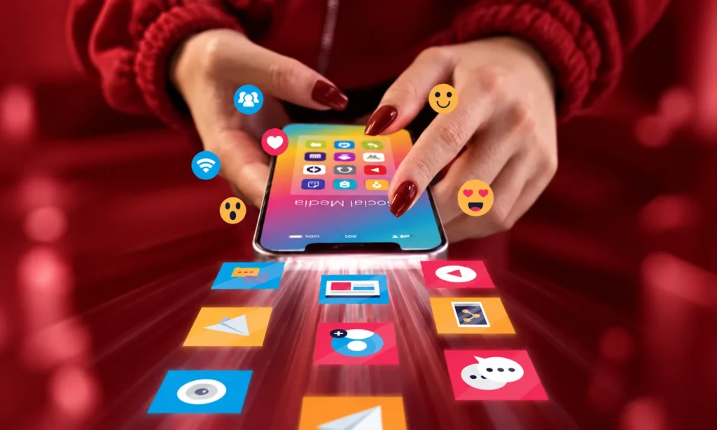 Person using a smartphone surrounded by social media icons and digital content symbols, representing brand in housing marketing and the move of social creative in house.