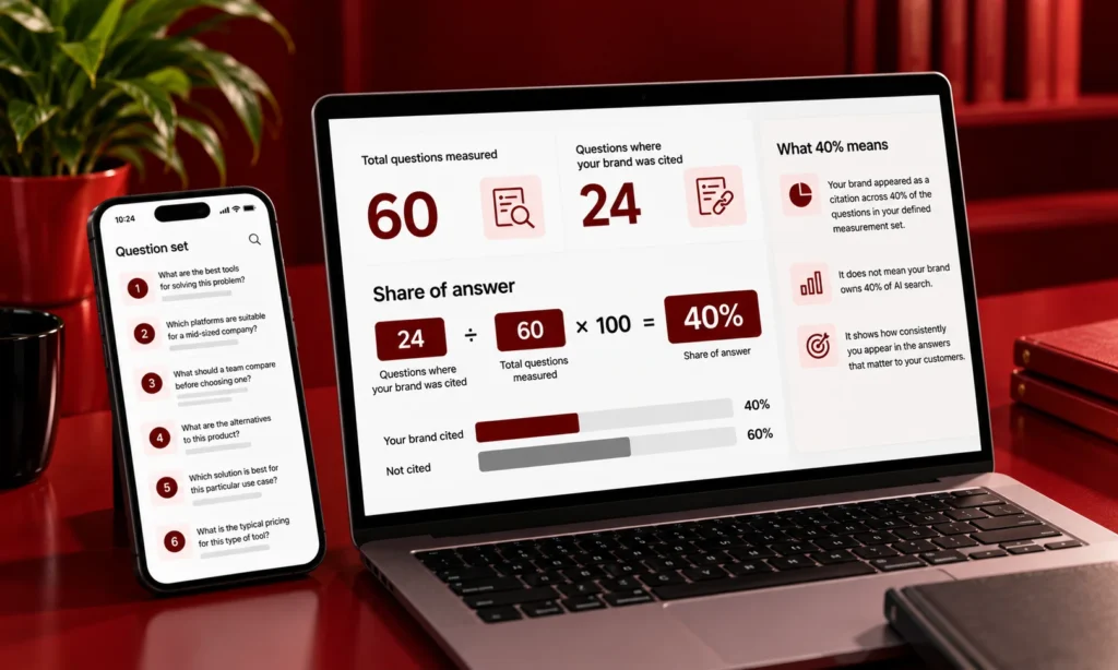 AI search measurement dashboard showing 24 brand citations from 60 questions, resulting in a 40% share of answer.
