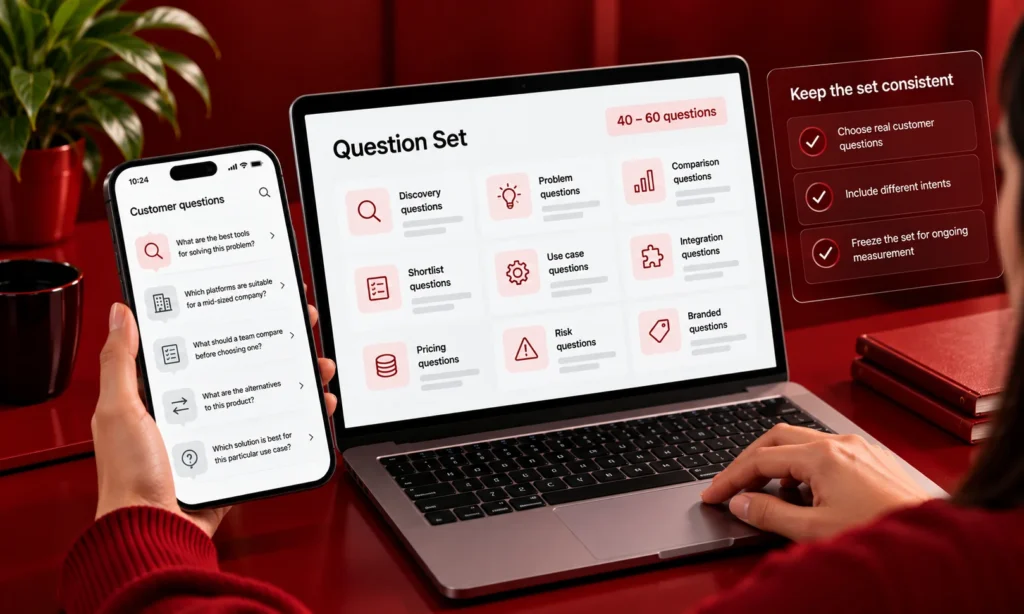 AI search question set organized into discovery, problem, comparison, shortlist, use case, integration, pricing, risk, and branded questions.