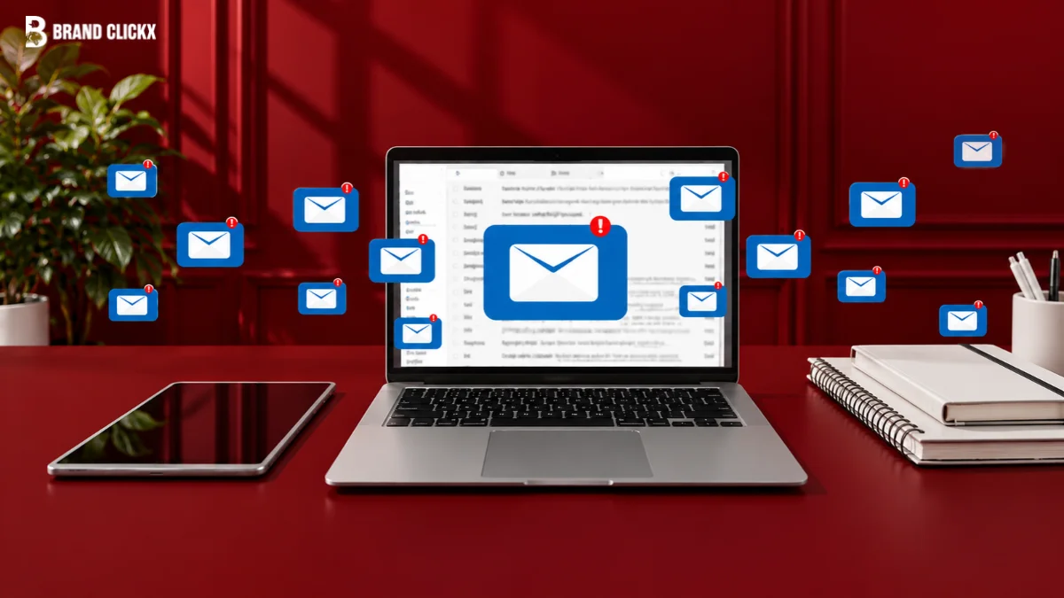 Laptop surrounded by digital email message icons