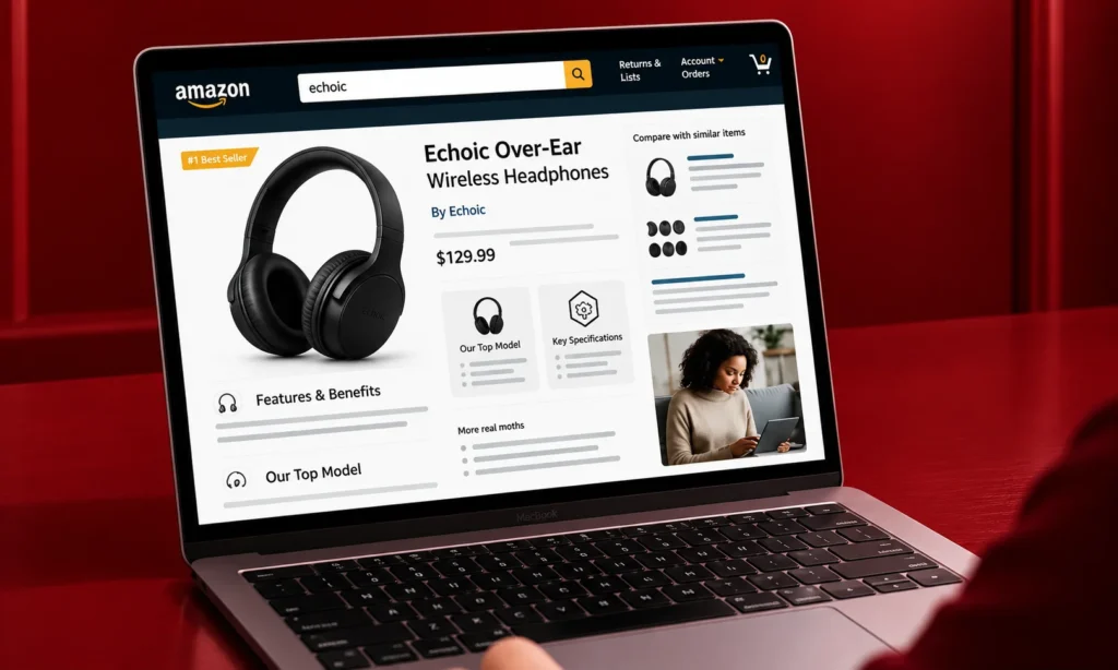 A laptop displays an Amazon-style listing-Amazon Ads Strategy
