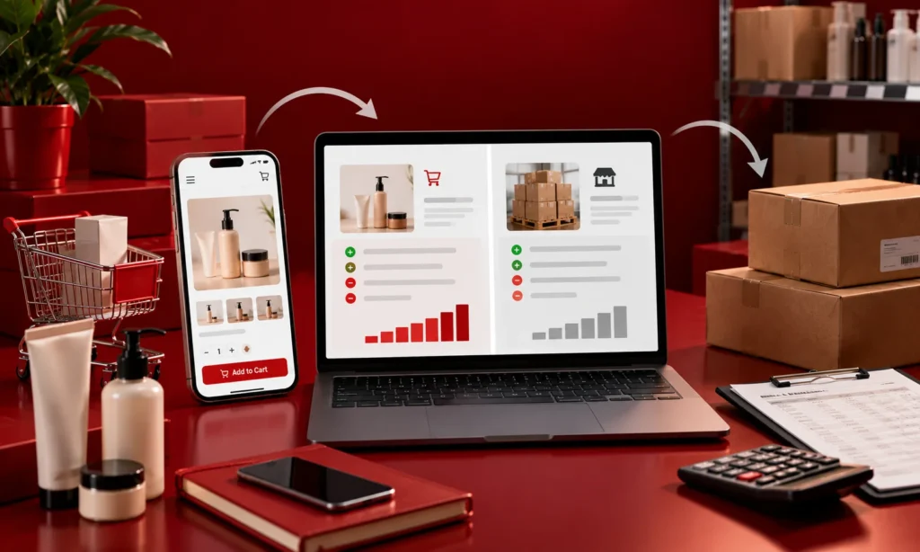 Laptop and smartphone comparing ecommerce sales, wholesale distribution, product costs and channel performance.