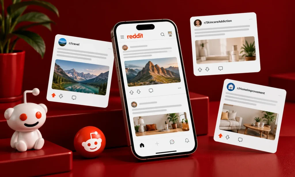 Reddit mobile app displaying posts from travel, skincare, and home improvement communities.