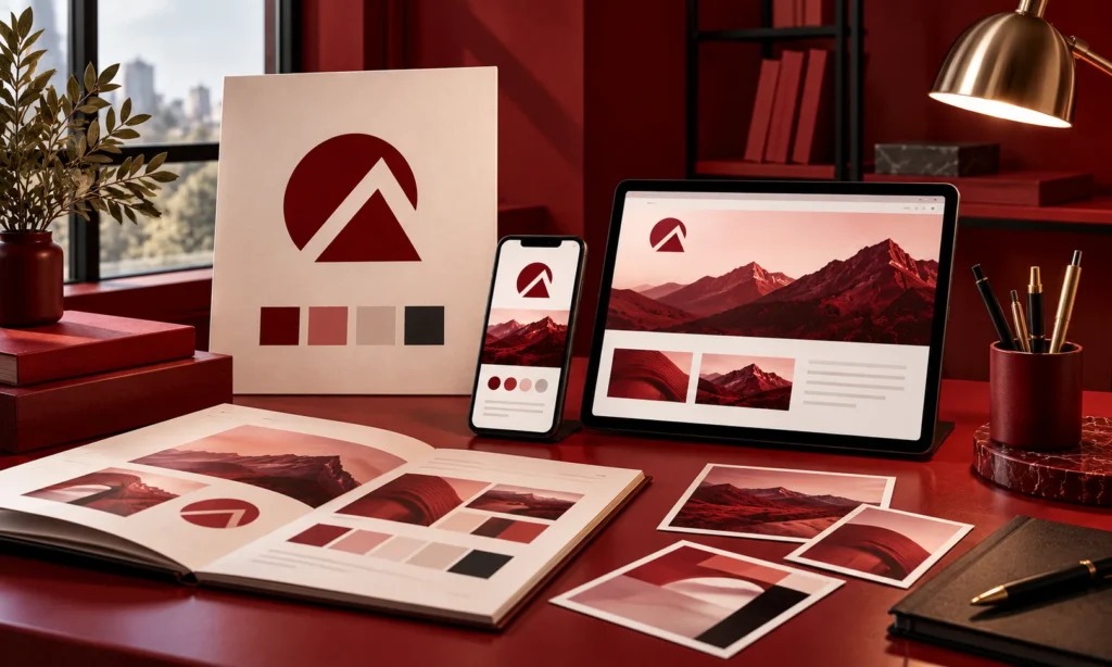 A consistent red mountain logo applied across a poster, phone, tablet, brand guidelines book and printed photography on a red desk.