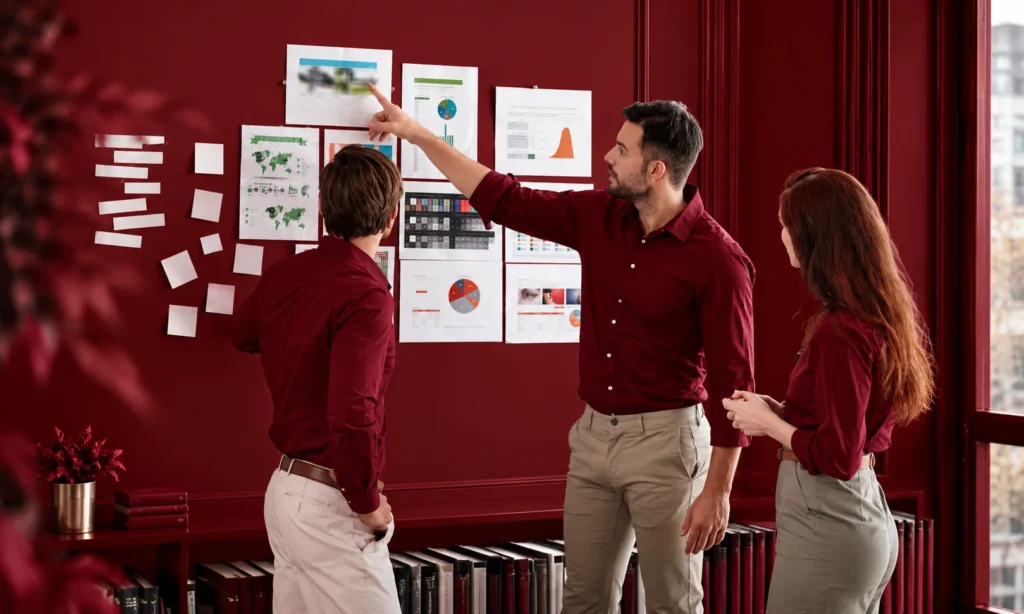 Marketing team discussing charts and campaign data in an office, representing the operational costs and strategic decisions behind brand in housing marketing.