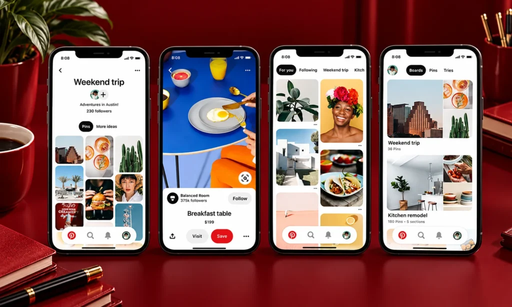 Four smartphones displaying Pinterest screens, including a Weekend trip board, a Breakfast table Pin with a Save button, a For you feed and a Kitchen remodel board, showing the organic content that Pinterest advertising can build on.