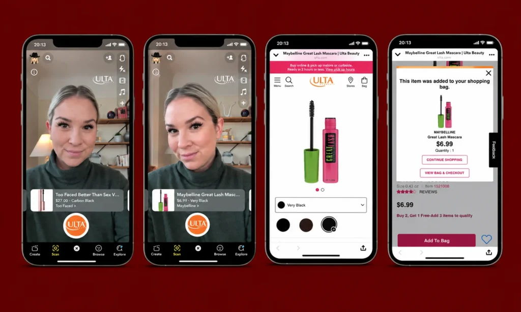 | Snapchat AR Advertising: Real Use Cases Four smartphones displaying Snapchat AR Lenses and filters demonstrate interactive mobile advertising and virtual product experiences.