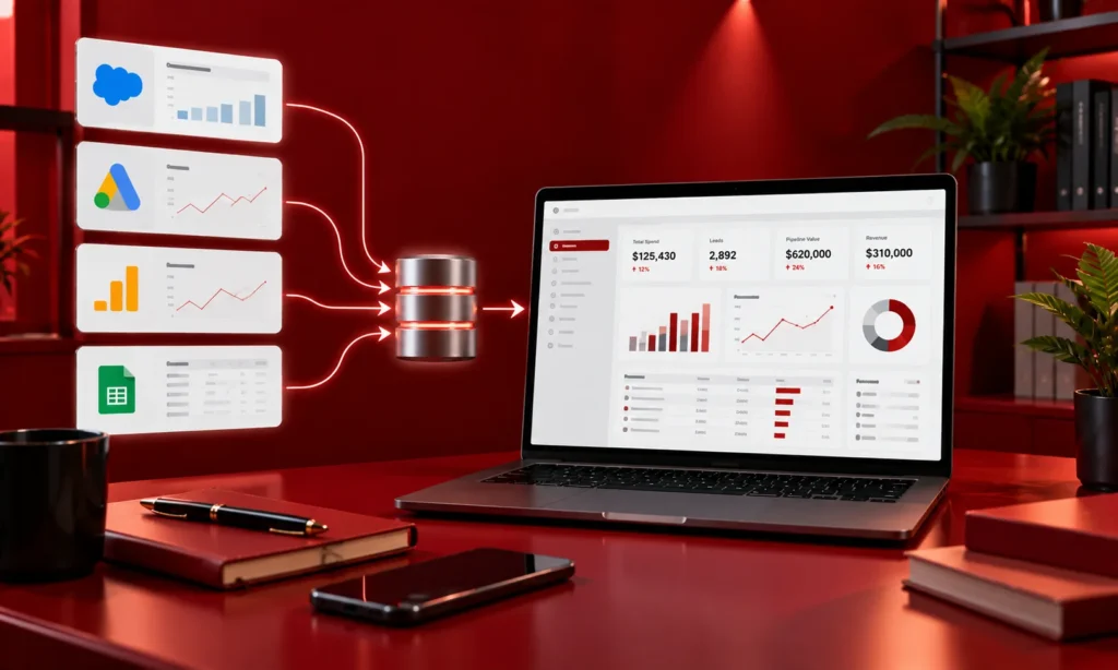 Data warehouse integrating CRM, advertising, and spreadsheet data into a unified marketing analytics dashboard.