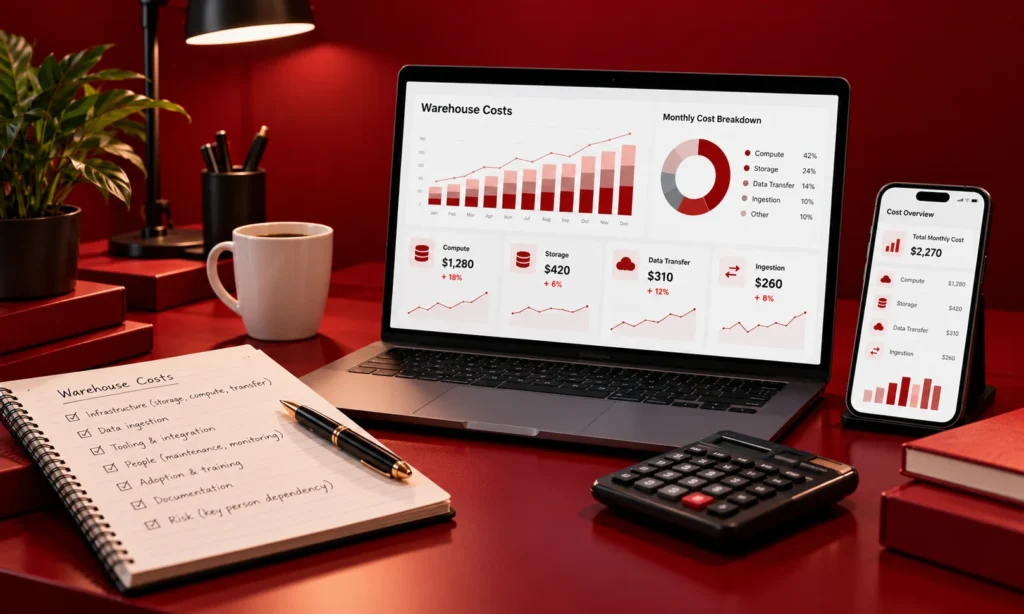 Marketing data warehouse cost dashboard showing monthly compute, storage, data transfer, and ingestion expenses.