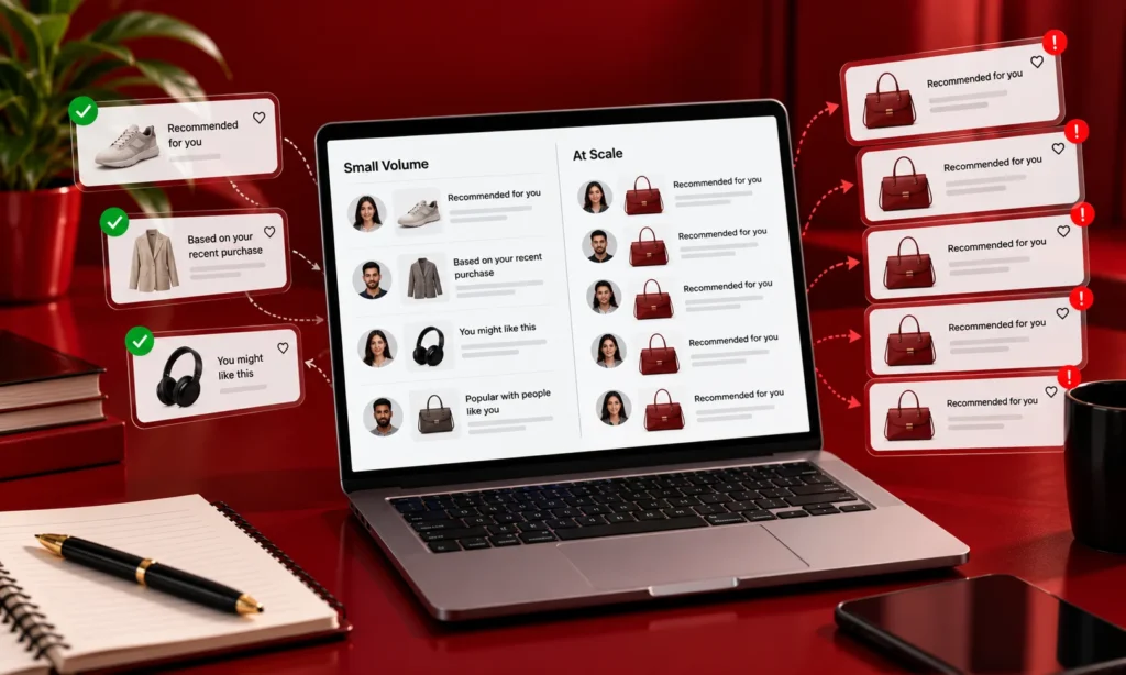 AI personalization system comparing small-volume recommendations with large-scale product suggestions, illustrating how incorrect assumptions can multiply across customers.