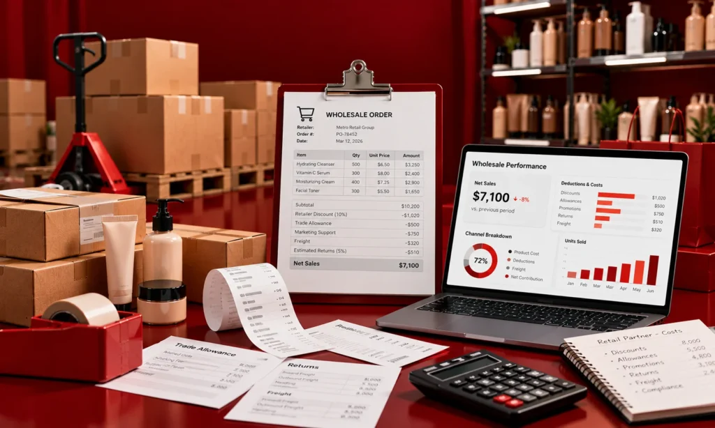 Wholesale order invoice and laptop dashboard showing retail deductions, discounts, freight costs, returns and net sales.
