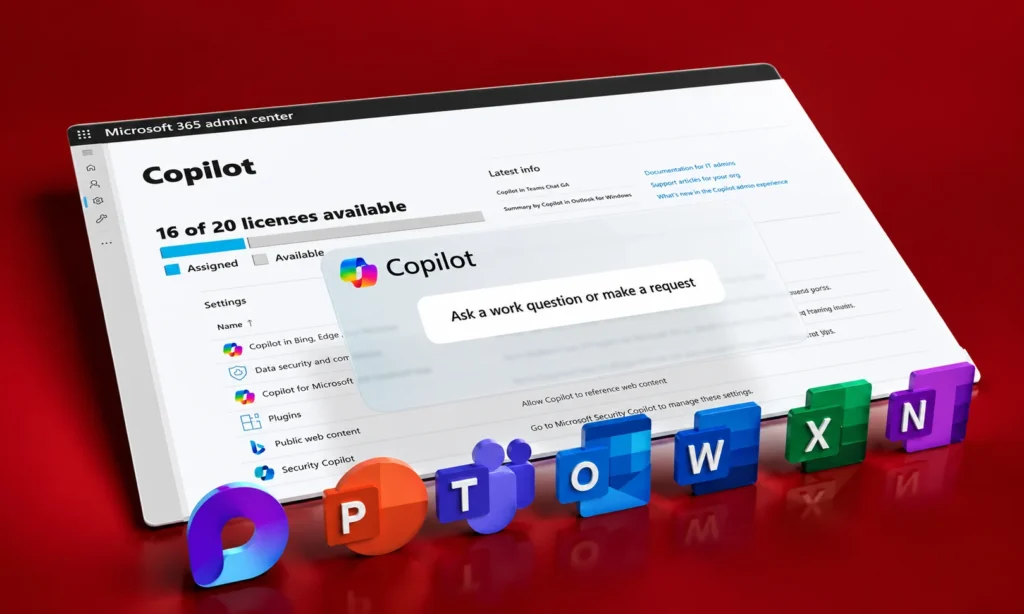 The Microsoft 365 admin center showing Copilot licence settings, with &ldquo;16 of 20 licenses available&rdquo; and a Copilot prompt box, above 3D icons for Word, Excel, Outlook, Teams, PowerPoint, OneNote and Loop.
