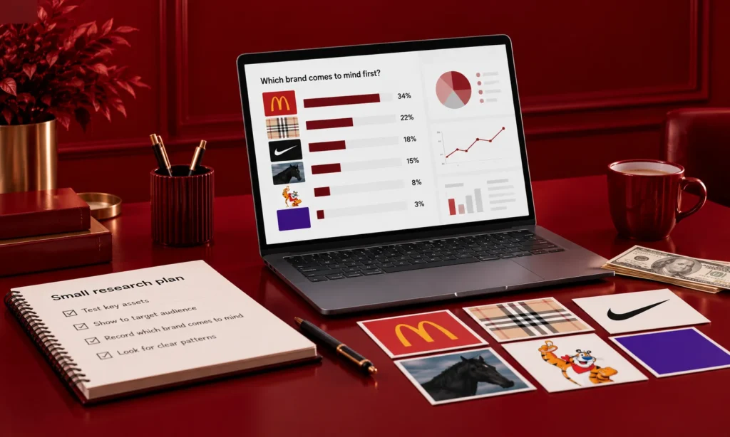 Laptop showing survey results for brand recognition alongside brand asset cards and a research notebook on a desk.