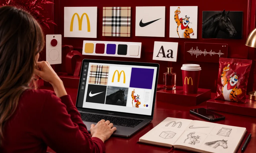 Brand designer reviewing a laptop with logos, colours, characters, typography and other distinctive brand assets arranged around a creative workspace.
