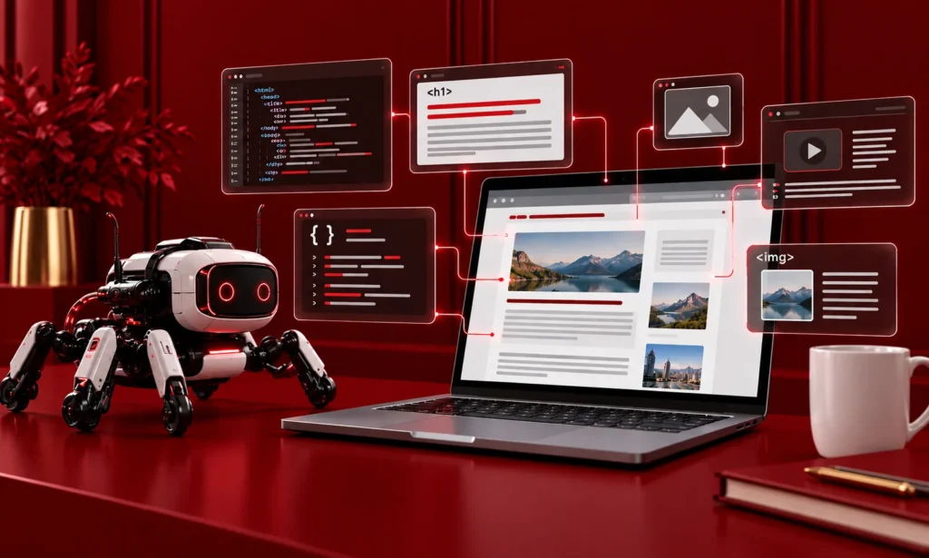 AI crawler reading website code and schema markup for AI search
