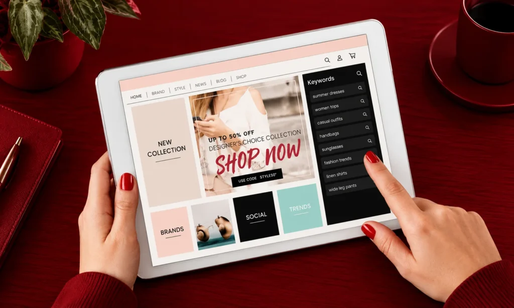 Hands holding a tablet showing a fashion website with a keywords panel (summer dresses, women tops, sunglasses), illustrating keyword-based contextual targeting.