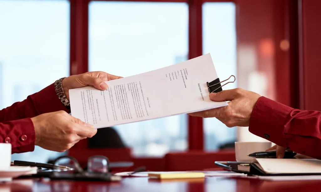 Two colleagues reviewing and exchanging a document at a desk, representing generative AI policy review, approval, and human oversight.